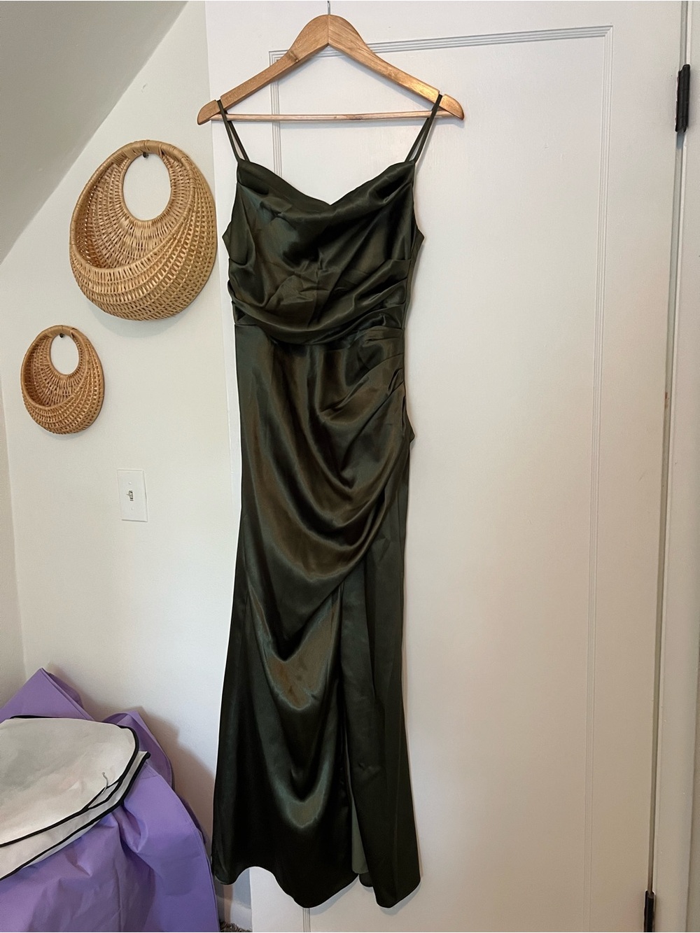 Birdy Grey Olive Satin Cowl Slip Maxi Dress